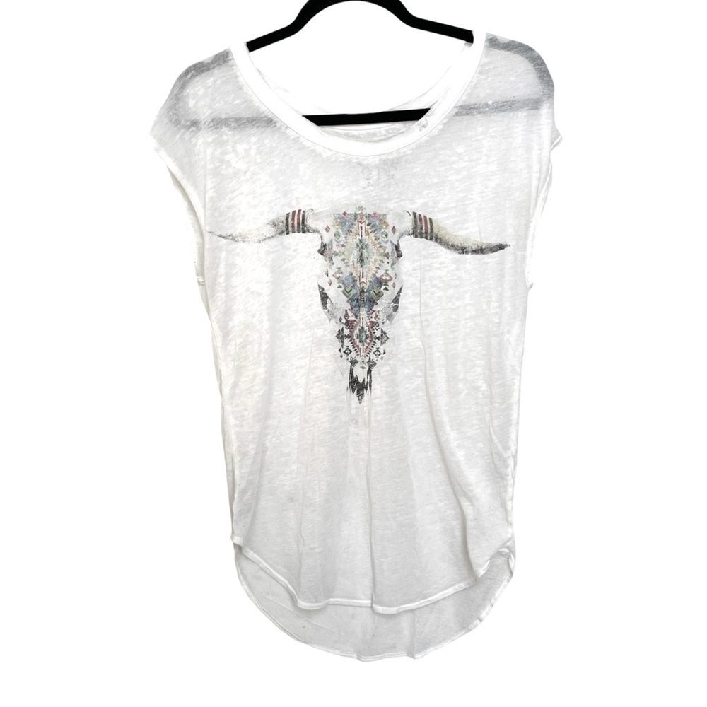 CHASER Boho Semi Sheer Short Sleeve T-Shirt Cow Bull Skull White XS